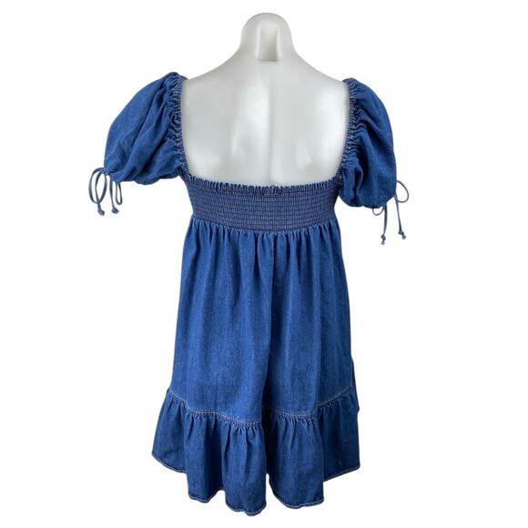 Olivaceous Blue Short Puff Sleeve Chambray Denim Jean Ruffle A Line Mini Dress L - Picture 2 of 4